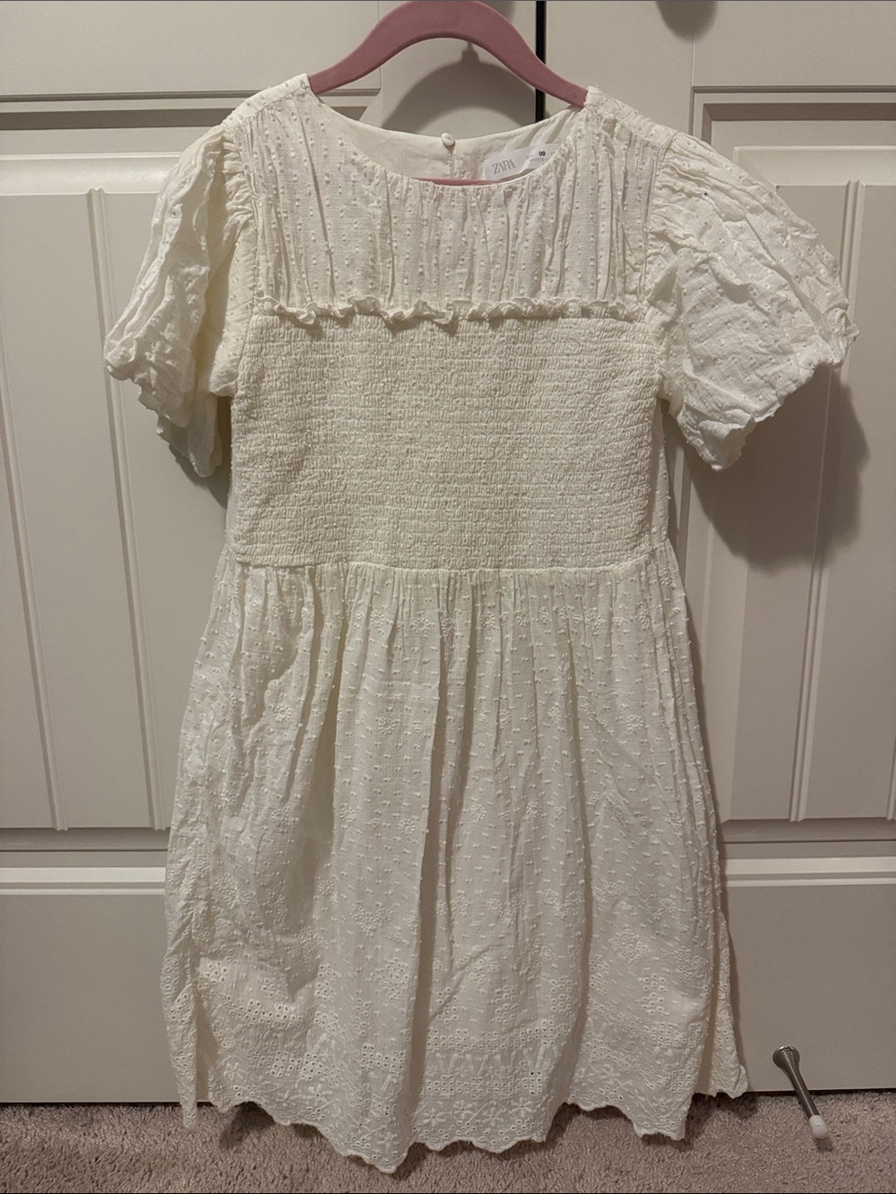 Zara Cream Textured Puff-Sleeve Midi Dress